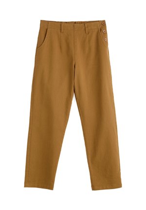 Pantalons en coton khaki à coupe droite, dotés de quatre poches et de trois grands boutons sur le côté gauche. Tissu lisse et durable.