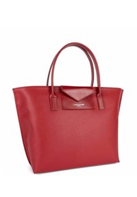 Borsa tote in pelle rossa con una finitura testurizzata, dotata di due manici e di un accento a forma di triangolo. Logo stampato nella parte anteriore.