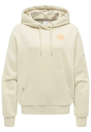 Kremowa bluza z kapturem z przednią kieszenią, sznurkami, ściągaczami na mankietach i małą grafiką słońca na lewej piersi.