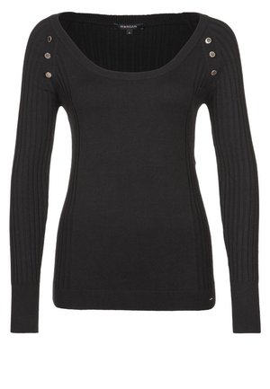 Pull en maille noir avec un col rond, texture côtelée, manches longues et cinq boutons décoratifs en argent sur l'épaule.