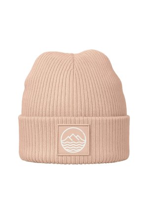 Pink knitted beanie with a ribbed texture and a folded cuff, featuring a cream patch with a mountain and wave graphic.