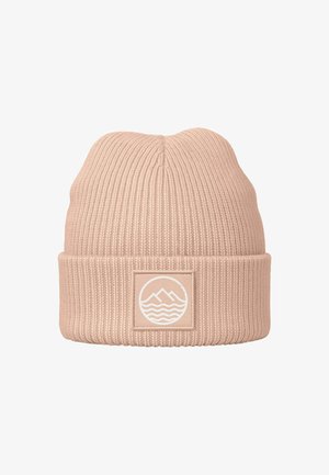 Pink knitted beanie with a ribbed texture and a folded cuff, featuring a cream patch with a mountain and wave graphic.