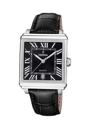 Montre Festina à quartz avec un boîtier carré en acier inoxydable argenté, un cadran noir, des chiffres romains et un bracelet en cuir noir à finition texturée.