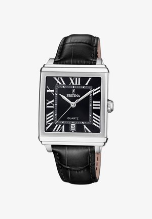Montre Festina à quartz avec un boîtier carré en acier inoxydable argenté, un cadran noir, des chiffres romains et un bracelet en cuir noir à finition texturée.
