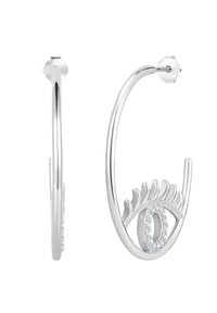 Silverfärgade hoopörhängen med ögondesign och glittrande detaljer. Slank, böjd form med ett detaljrikt ögonfransmotiv.