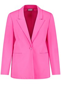 Jasnoróżowa damska marynarka z zapięciem na jeden guzik, klapami, długimi rękawami oraz dwoma przednimi kieszeniami.