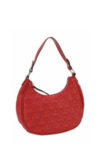 Borsa a tracolla rossa trapuntata con forma curva, dotata di chiusura con zip e di una tracolla corta. Motivo testurizzato e bordi marroni a contrasto.