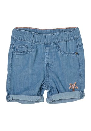 Børns lyseblå denimshorts med rullekanter, elastisk talje, forlommer og lille orange palmetræbroderi på venstre ben.