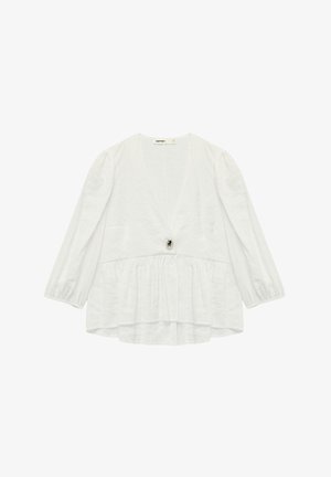 Blusa peplum blanca con mangas largas tipo globo, escote en V profundo y textura fruncida en la cintura. Presenta un detalle de botón plateado.