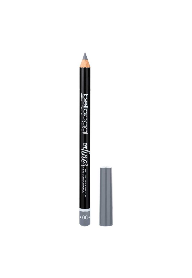 Matita eyeliner nera con punta affilata, design cilindrico, cappuccio grigio e scritta bianca. Codice prodotto “06” vicino alla base.
