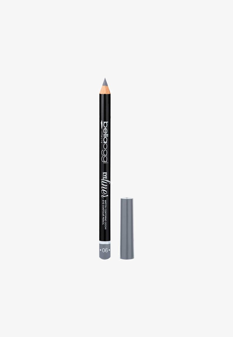 Matita eyeliner nera con punta affilata, design cilindrico, cappuccio grigio e scritta bianca. Codice prodotto “06” vicino alla base.