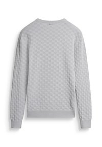 Maglione a maniche lunghe grigio chiaro a maglia con una sottile trama a scacchi e polsini e orlo a coste, mostrato da dietro.