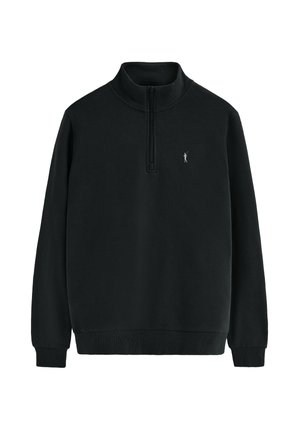 Black fleece pullover with a quarter-zip collar, ribbed cuffs, and hem. Features a small embroidered logo on the left chest. Soft texture.