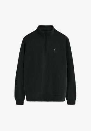 Black fleece pullover with a quarter-zip collar, ribbed cuffs, and hem. Features a small embroidered logo on the left chest. Soft texture.
