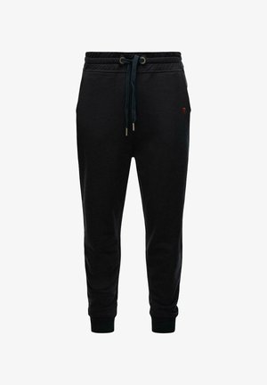 Black sweatpants with an elastic waistband, adjustable drawstring, tapered legs, and ribbed cuffs. Soft fabric with subtle branding.