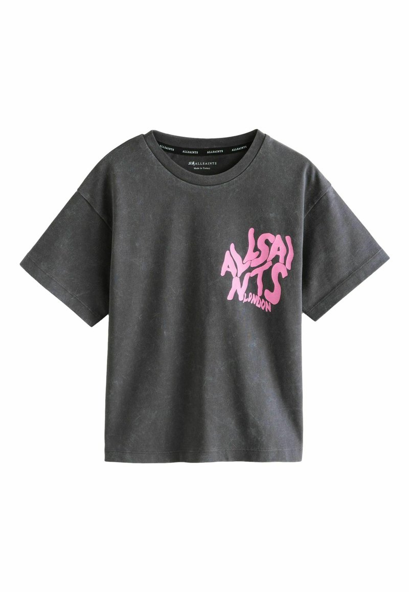 Grå, kortærmet bomulds t-shirt med en pink grafisk tekst "ALLSAINTS LONDON" på forsiden, med en afslappet pasform og rund halsudskæring.
