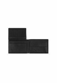 Black leather wallet with a bifold design. Interior features card slots, a mesh ID pocket, and a stitched logo. Smooth texture and minimal hardware.