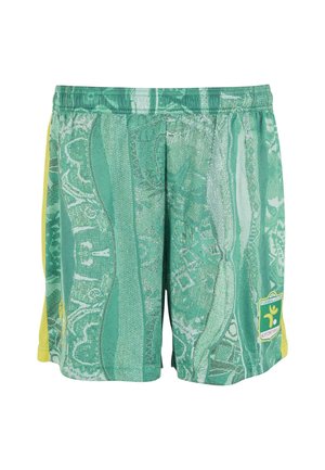 Green athletic shorts featuring a textured pattern, mesh side panels in yellow, and a logo on the left leg. Lightweight fabric.
