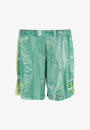 Pantaloni corti sportivi verdi con un motivo testurizzato, pannelli laterali in mesh gialli e un logo sulla gamba sinistra. Tessuto leggero.