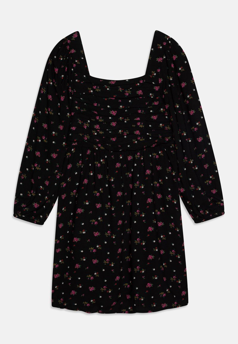 Vestido preto floral com mangas longas e bufantes, decote quadrado e textura franzida. Apresenta pequenas flores rosas e brancas por todo o lado.