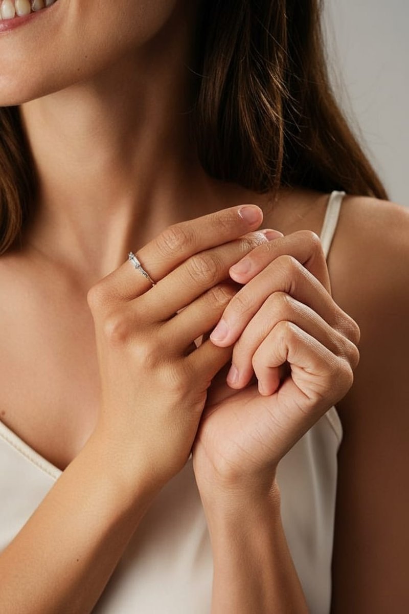 Silberring, der an einer Hand mit leicht manikürten Nägeln getragen wird, vor einem neutralen Hintergrund, der das Design des Rings und die Form der Hand hervorhebt.