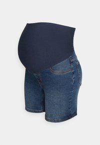 Denim graviditetsshorts med en elastisk marineblå magepanel som er laget for å gi komfortabel støtte til en gravid mage.