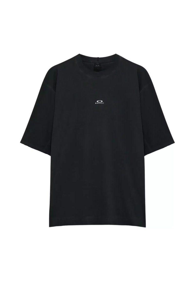 T-shirt noir oversize à manches courtes avec petit logo blanc Oakley centré sur la poitrine, col rond et design épuré.
