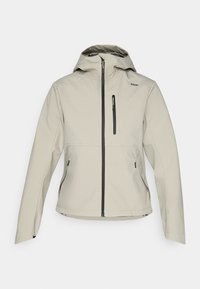 Giacca cappuccio color beige chiaro con zip frontale, tasca sul petto con zip e due tasche laterali con zip, progettata per l'uso all'aperto.