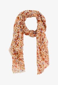 Bufanda ligera con patrones florales y de hojas en naranja, rojo y púrpura sobre un fondo pálido, colocada de forma suelta en un lazo.