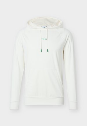 White hooded sweatshirt with front pocket, long sleeves, drawstrings with green tips, and "30904" printed in small green text on chest.