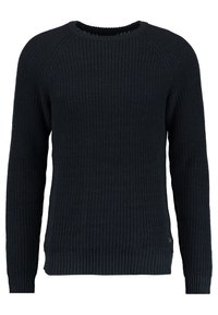 Mörk marinblå stickad tröja med rund halsringning och långa raglanärmar. Har en strukturerad ribbning och en åtsittande midja. Ingen synlig märkning.