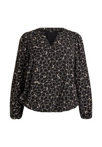 Mustat pusero V-pääntiellä ja pitkillä hihoilla, jossa on vaaleanbeige kukkakuosi ja rypytetyt hihat, jotka lisäävät tekstuuria.