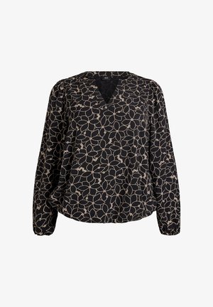 Mustat pusero V-pääntiellä ja pitkillä hihoilla, jossa on vaaleanbeige kukkakuosi ja rypytetyt hihat, jotka lisäävät tekstuuria.