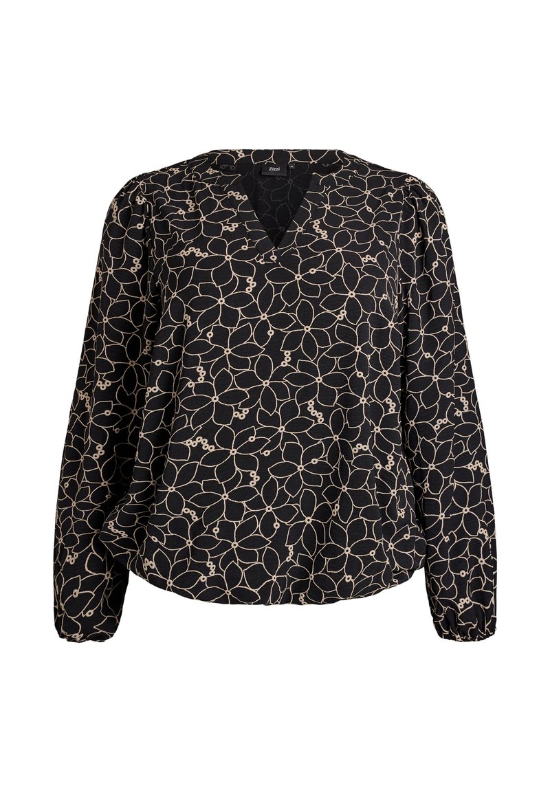 Mustat pusero V-pääntiellä ja pitkillä hihoilla, jossa on vaaleanbeige kukkakuosi ja rypytetyt hihat, jotka lisäävät tekstuuria.