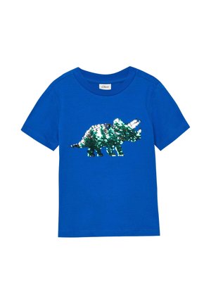 Blaues Kurzarm-T-Shirt für Kleinkinder mit rundem Ausschnitt und glänzendem, wendbarem Pailletten-Dinosaurier-Print auf der Vorderseite.