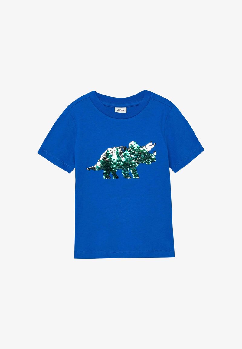 T-shirt bleu à manches courtes pour tout-petit, avec col rond et motif dinosaure en sequins réversibles brillants sur le devant.