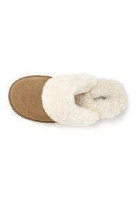 Brown suede slipper with a plush white fur lining. Rounded shape with a cushioned insole. Smooth texture and minimal seams.