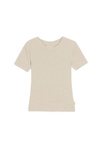 Beżowy t-shirt z krótkim rękawem, wykonany z miękkiej tkaniny, z okrągłym dekoltem i delikatną fakturą, z małą metką na bocznym szwie.