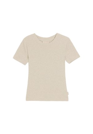 Beżowy t-shirt z krótkim rękawem, wykonany z miękkiej tkaniny, z okrągłym dekoltem i delikatną fakturą, z małą metką na bocznym szwie.