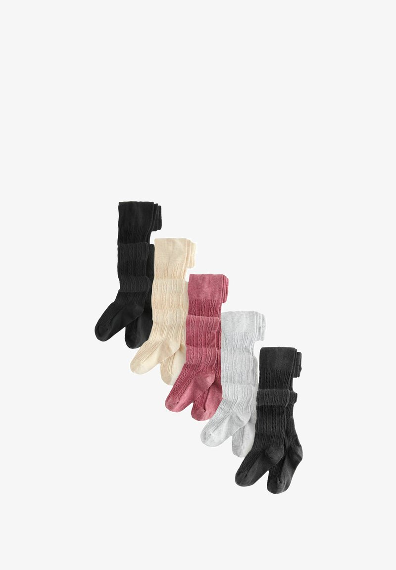 Cinq paires de chaussettes montantes noires, crème, mauves, grises et gris foncé, avec une texture côtelée et un design similaire.