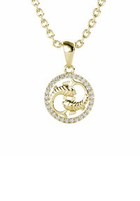 Goldene Anhänger-Halskette mit zwei verschlungenen Fischen in einem kreisförmigen Design, umgeben von kleinen klaren Edelsteinen, die in einem glänzenden Rahmen gefasst sind.
