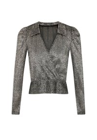 Langärmliges, metallisch silbernes Oberteil mit kleinem Leopardenmuster, V-Ausschnitt, gerafftem Taillenbereich und leicht gepufften Schultern.