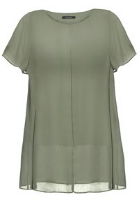 Korte mouwen blouse in licht olijf groen, gemaakt van doorschijnende stof. Heeft een ronde halslijn en een centrale naad die midden voor loopt.