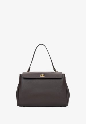 Dark brown leather handbag with a structured shape, a top handle, and a metal clasp on the front, featuring textured surface details.