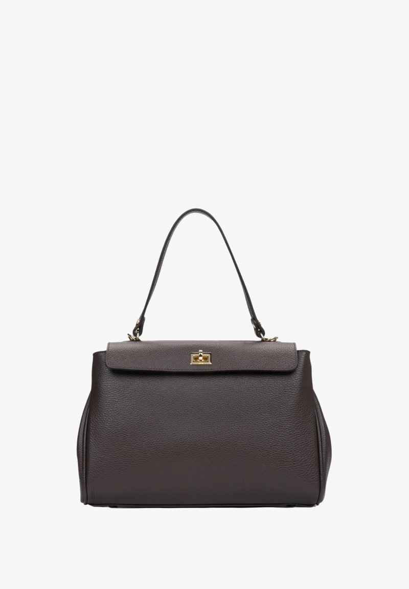 Donkerbruin leren handtas met een gestructureerde vorm, een bovenhandvat en een metalen sluiting aan de voorkant, met gestructureerde oppervlaktedetails.