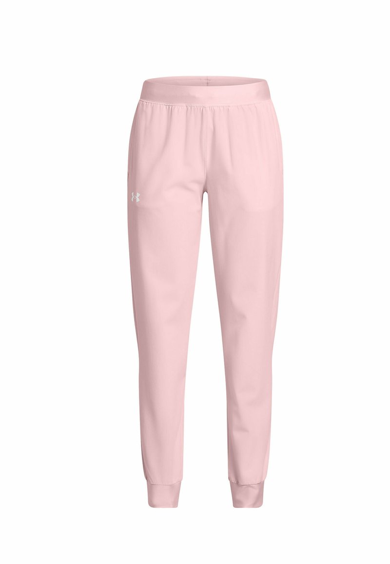 Helle rosa Jogginghosen mit einem elastischen Bund, schmal zulaufenden Beinen und gerippten Bündchen; auf der Seite befindet sich ein kleines weißes Logo.