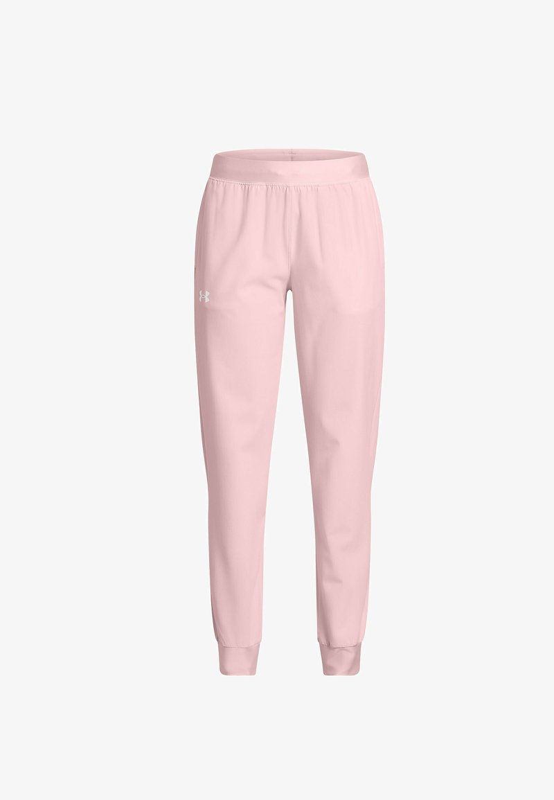 Helle rosa Jogginghosen mit einem elastischen Bund, schmal zulaufenden Beinen und gerippten Bündchen; auf der Seite befindet sich ein kleines weißes Logo.