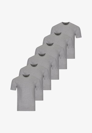 Six plain light gray short-sleeve crew neck t-shirts arranged in a staggered stack on a white background.