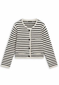 Black and white striped cardigan, textured fabric, cropped design, round neckline, button closure, two pockets at the front.