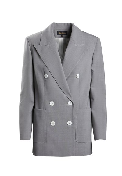Double-breasted gray blazer made of lightweight fabric. Features large front pockets, white buttons, and notched lapels with subtle stitching details.